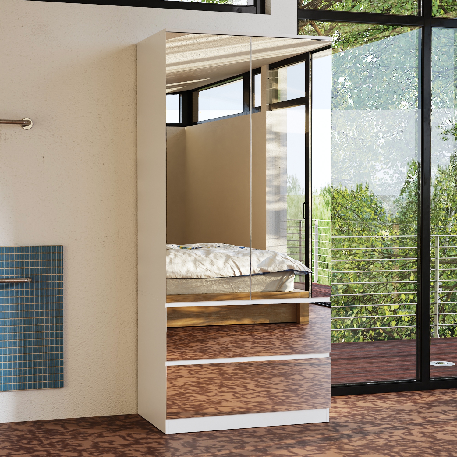 Famapy White 2-Door 2-Drawer Mirrored Wardrobe Cabinet with Real Glass Front, Modern Bedroom Storage, Silver