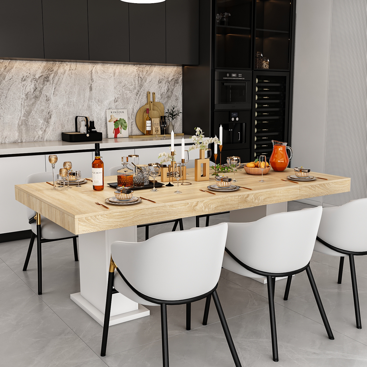 Famapy Modern 78.7" Rectangular Wood Grain Dining Table with White Base, Large 6-8 Seater Table for Kitchen, Dining Room, or Home Office – Sturdy P2