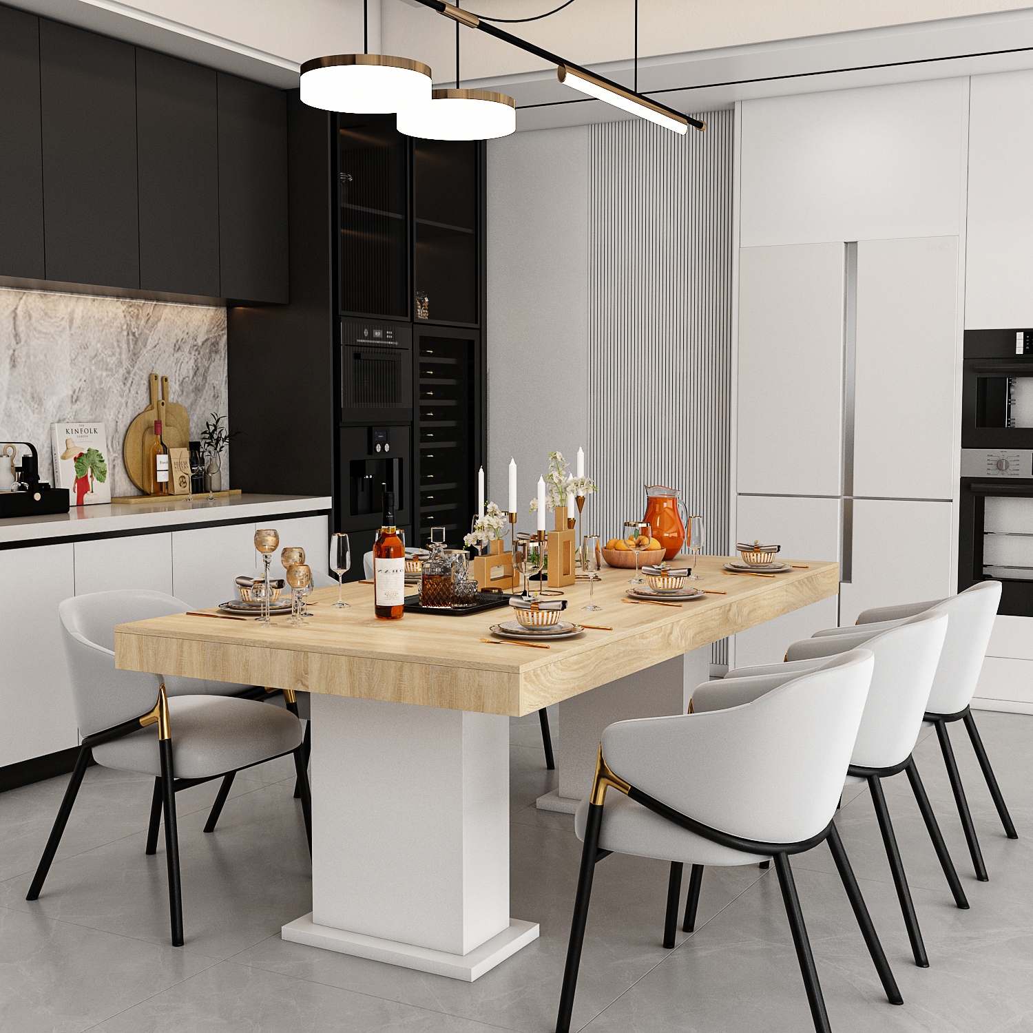 Famapy Modern 78.7" Rectangular Wood Grain Dining Table with White Base, Large 6-8 Seater Table for Kitchen, Dining Room, or Home Office – Sturdy P2