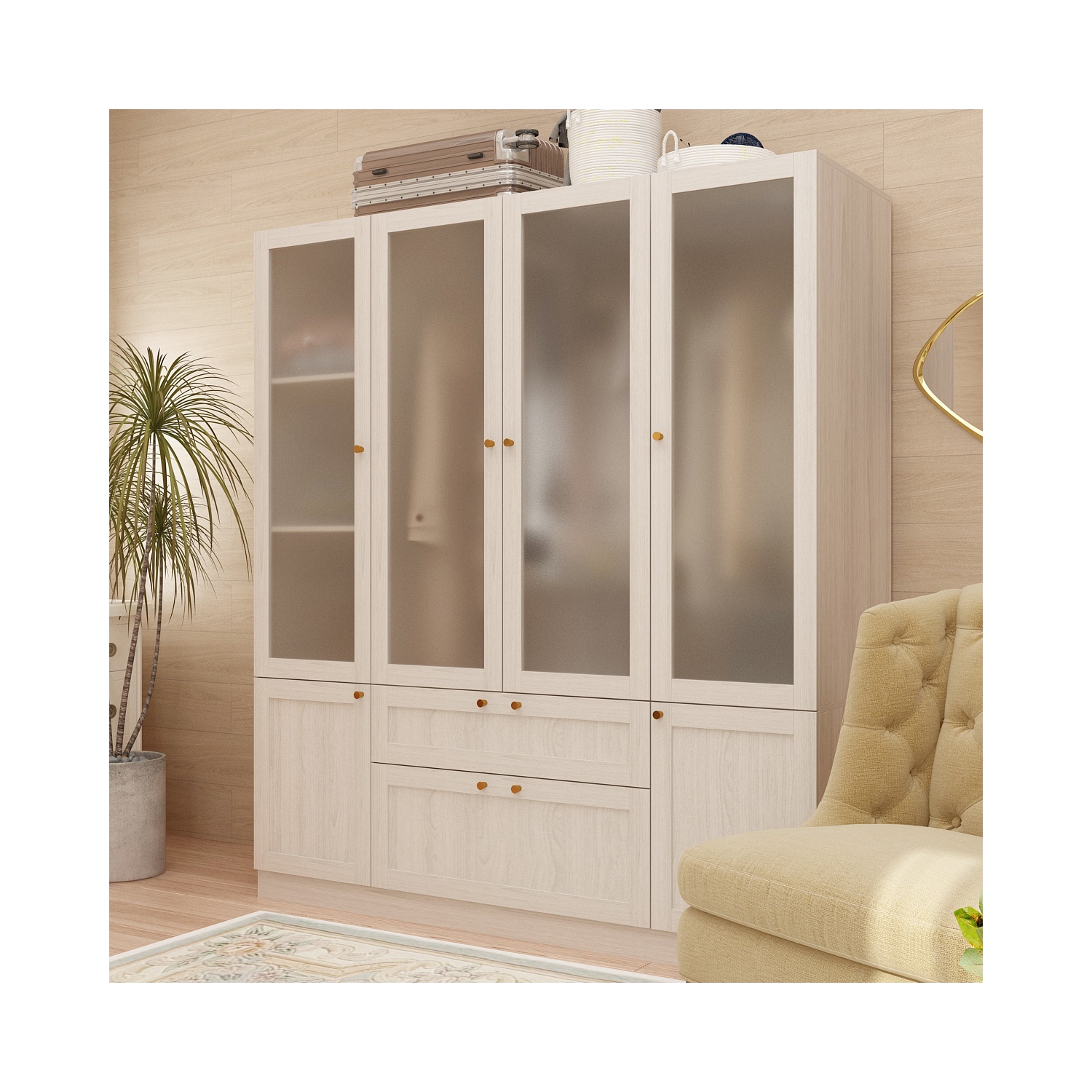 Armoire à 6 9 portes Pine Mist avec 2 7 tiroirs et portes en verre givré de Famapy – Système de garde-robe modulaire avec poignées dorées, brun pâle