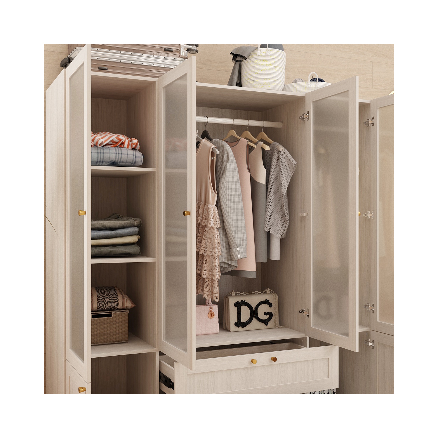 Armoire à 6 9 portes Pine Mist avec 2 7 tiroirs et portes en verre givré de Famapy – Système de garde-robe modulaire avec poignées dorées, brun pâle