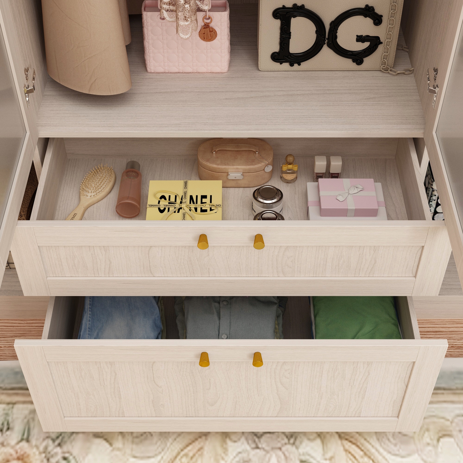 Armoire à 6 9 portes Pine Mist avec 2 7 tiroirs et portes en verre givré de Famapy – Système de garde-robe modulaire avec poignées dorées, brun pâle