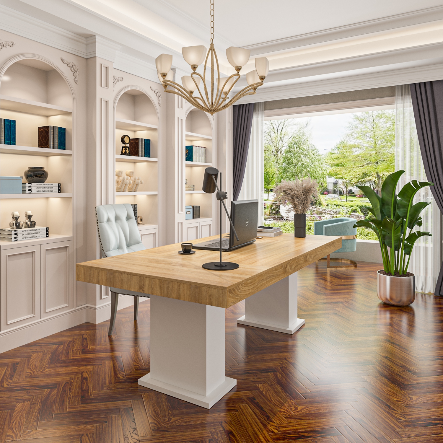 Famapy Modern 78.7-Inch Executive Office Desk with Wood Grain Top and White Base | Spacious Writing and Computer Desk for Home Office or Studio