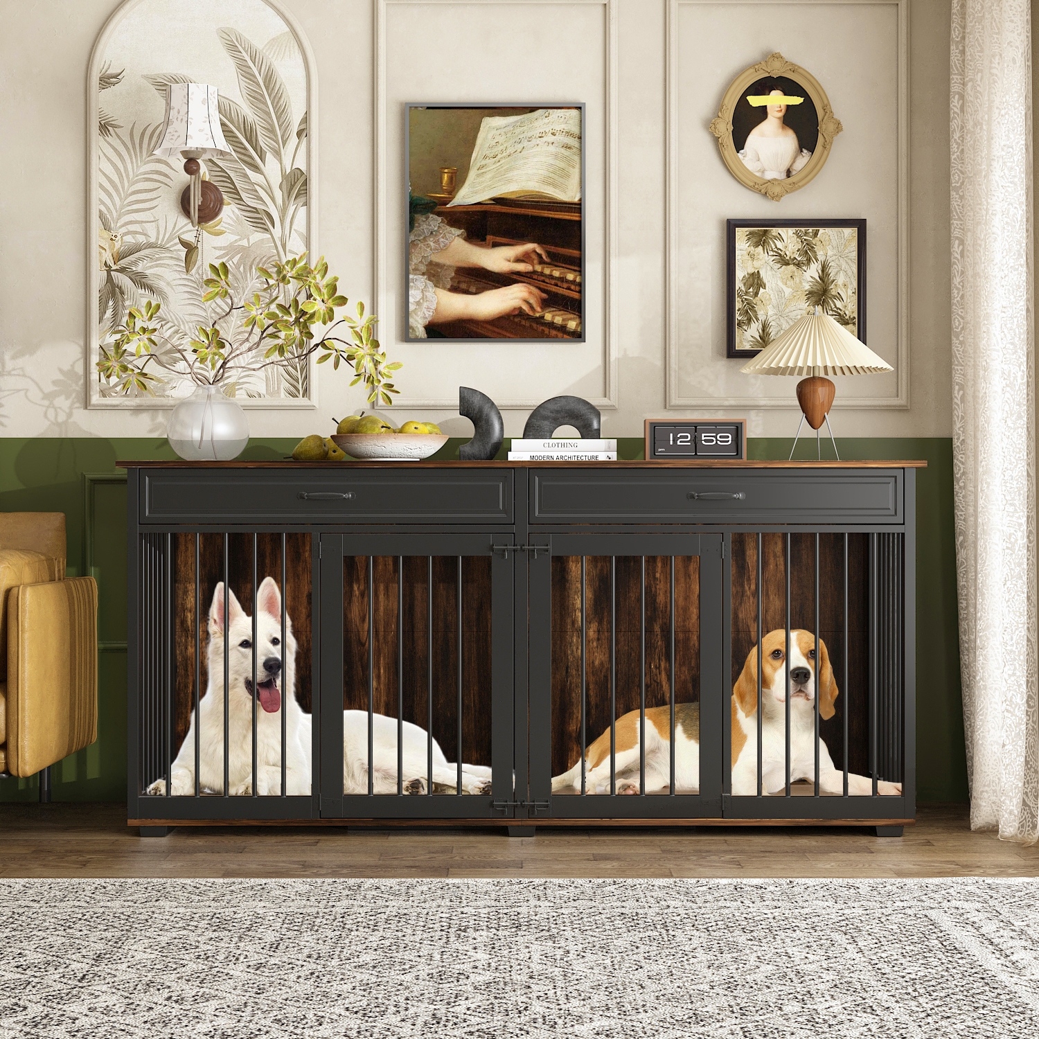 Famapy Rustic Wooden Indoor Dog Crate Furniture – Multi-Functional Large Pet House with Lockable Doors, Storage Top, and Ventilation – Stylish Dog