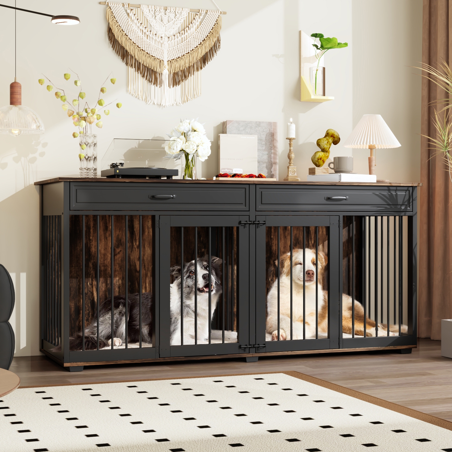 Famapy Rustic Wooden Indoor Dog Crate Furniture – Multi-Functional Large Pet House with Lockable Doors, Storage Top, and Ventilation – Stylish Dog
