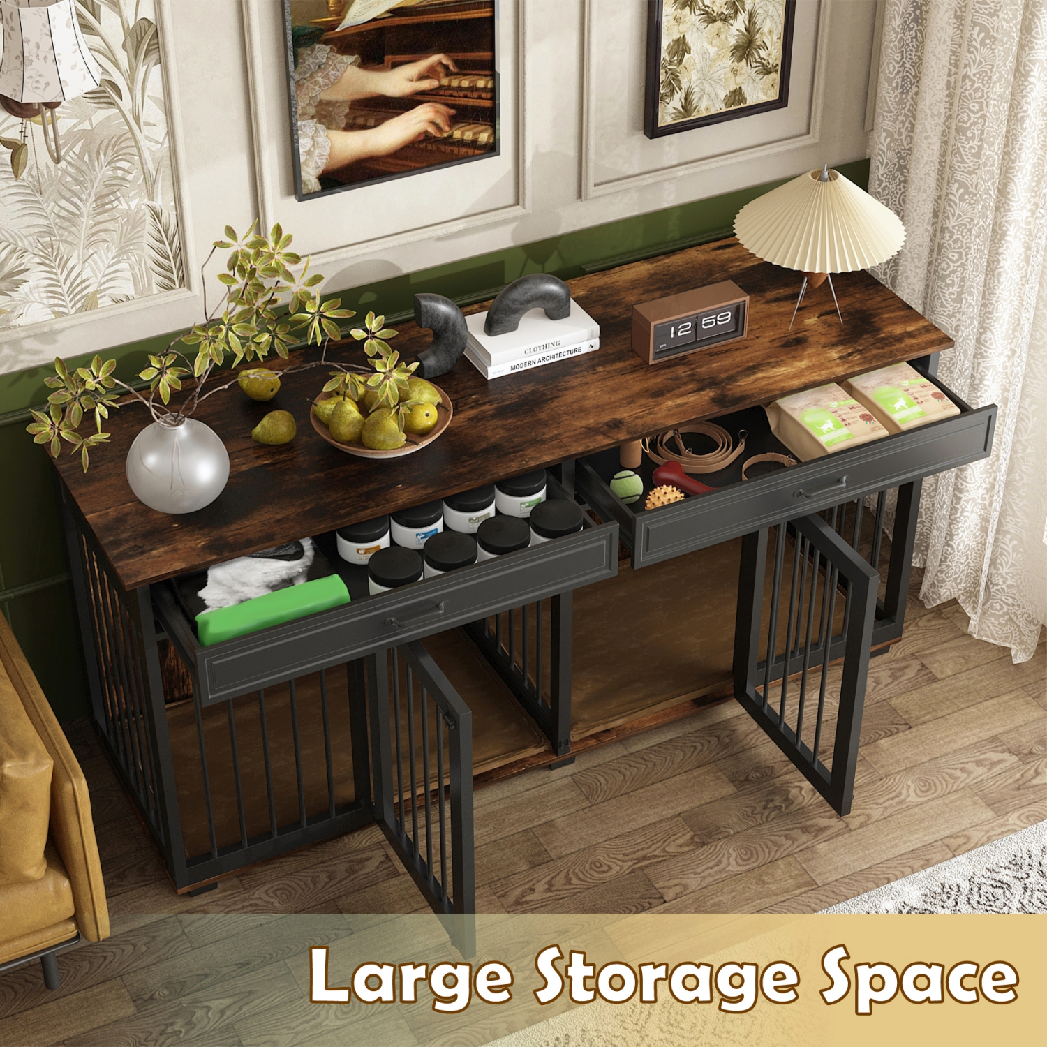 Famapy Rustic Wooden Indoor Dog Crate Furniture – Multi-Functional Large Pet House with Lockable Doors, Storage Top, and Ventilation – Stylish Dog