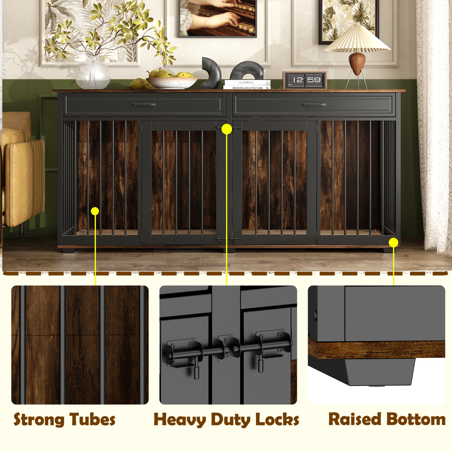 Famapy Rustic Wooden Indoor Dog Crate Furniture – Multi-Functional Large Pet House with Lockable Doors, Storage Top, and Ventilation – Stylish Dog