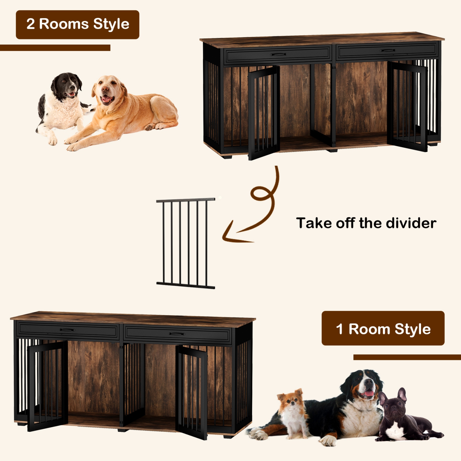 Famapy Rustic Wooden Indoor Dog Crate Furniture – Multi-Functional Large Pet House with Lockable Doors, Storage Top, and Ventilation – Stylish Dog
