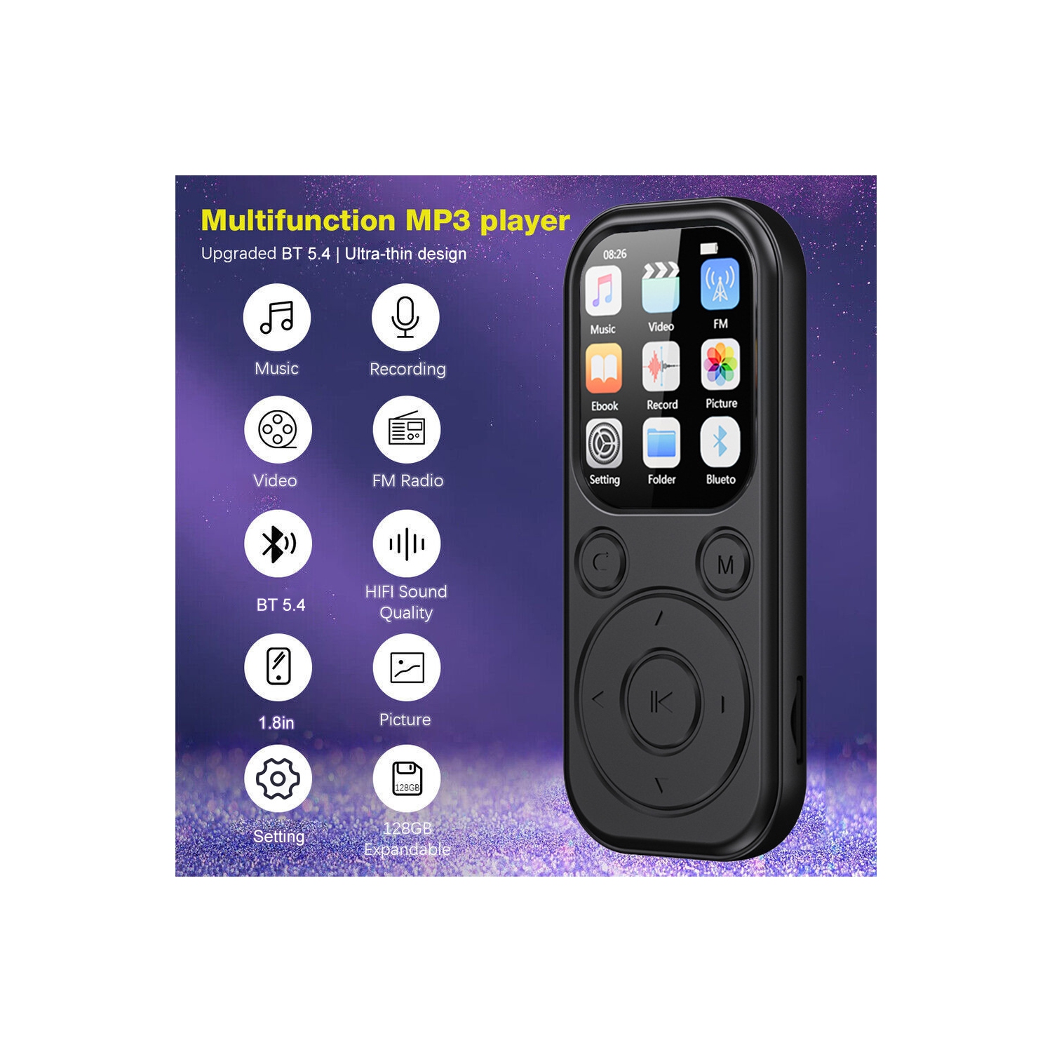 64GB MP3 Player with Bluetooth 5.4,Portable Music Player with Built in Speaker,HiFi Sound,FM Radio,Recorder,E-Book,MP3 Player with 3.5mm Headphone
