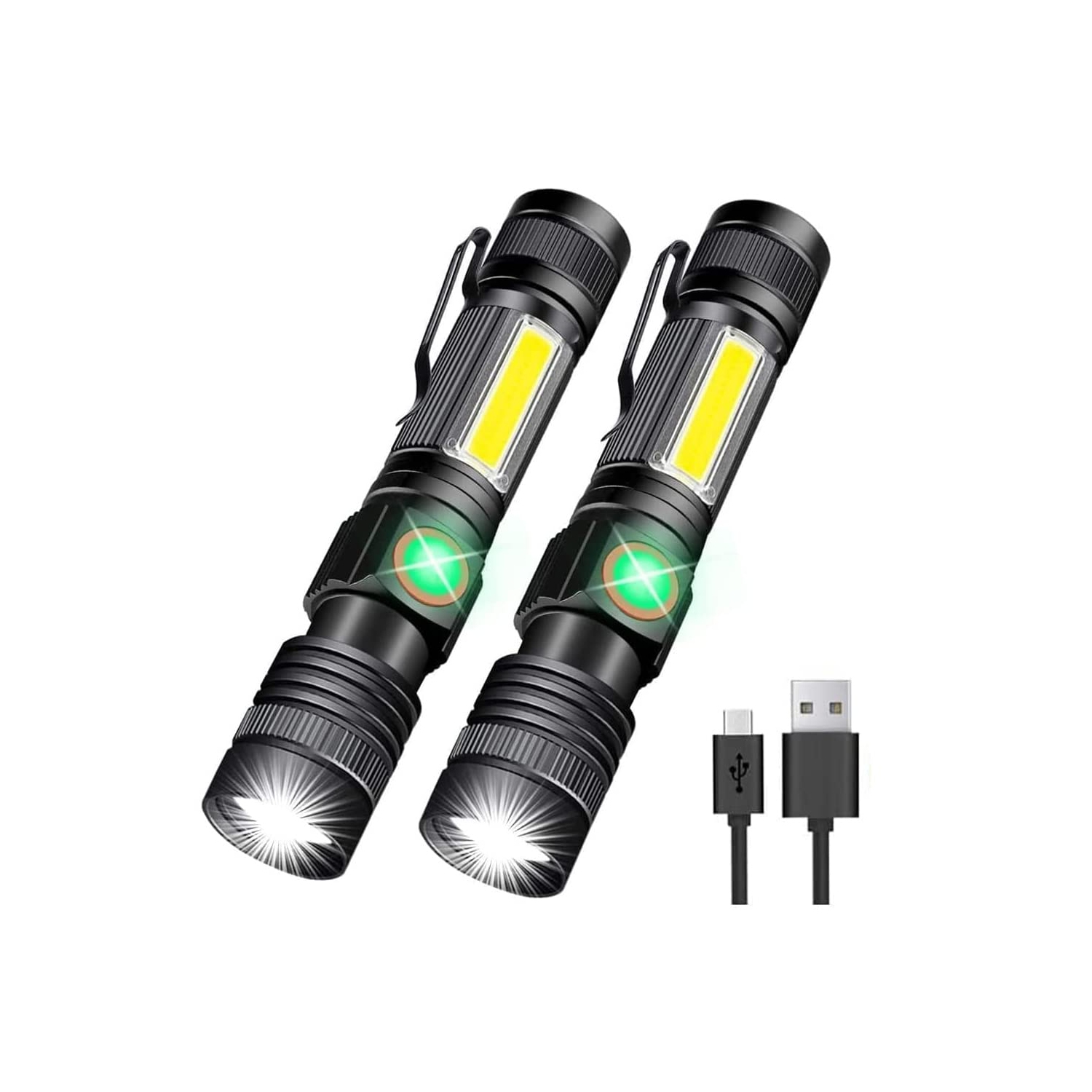 Lampe de poche rechargeable USB, lampe de poche tactique LED avec lampe latérale COB, étanche, petite lampe de poche d'urgence zoomable pour les