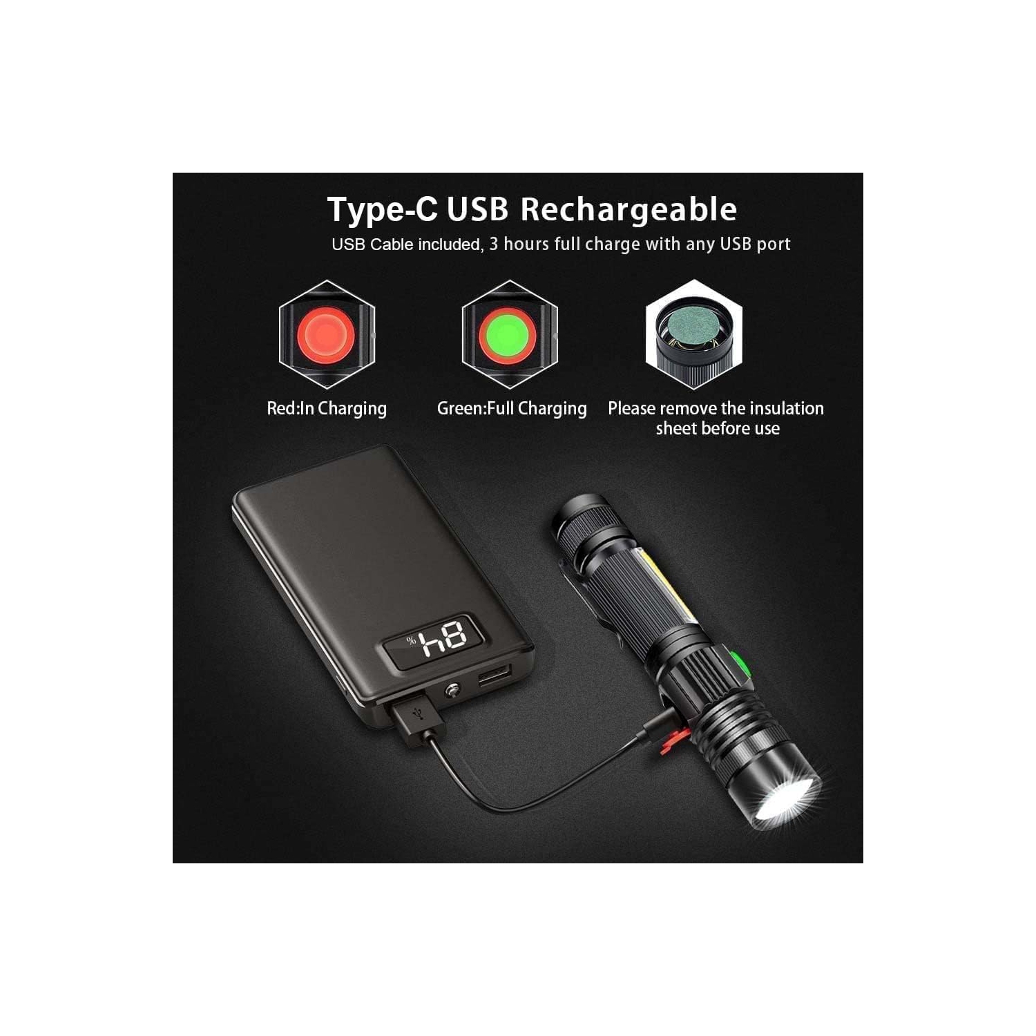 Lampe de poche rechargeable USB, lampe de poche tactique LED avec lampe latérale COB, étanche, petite lampe de poche d'urgence zoomable pour les