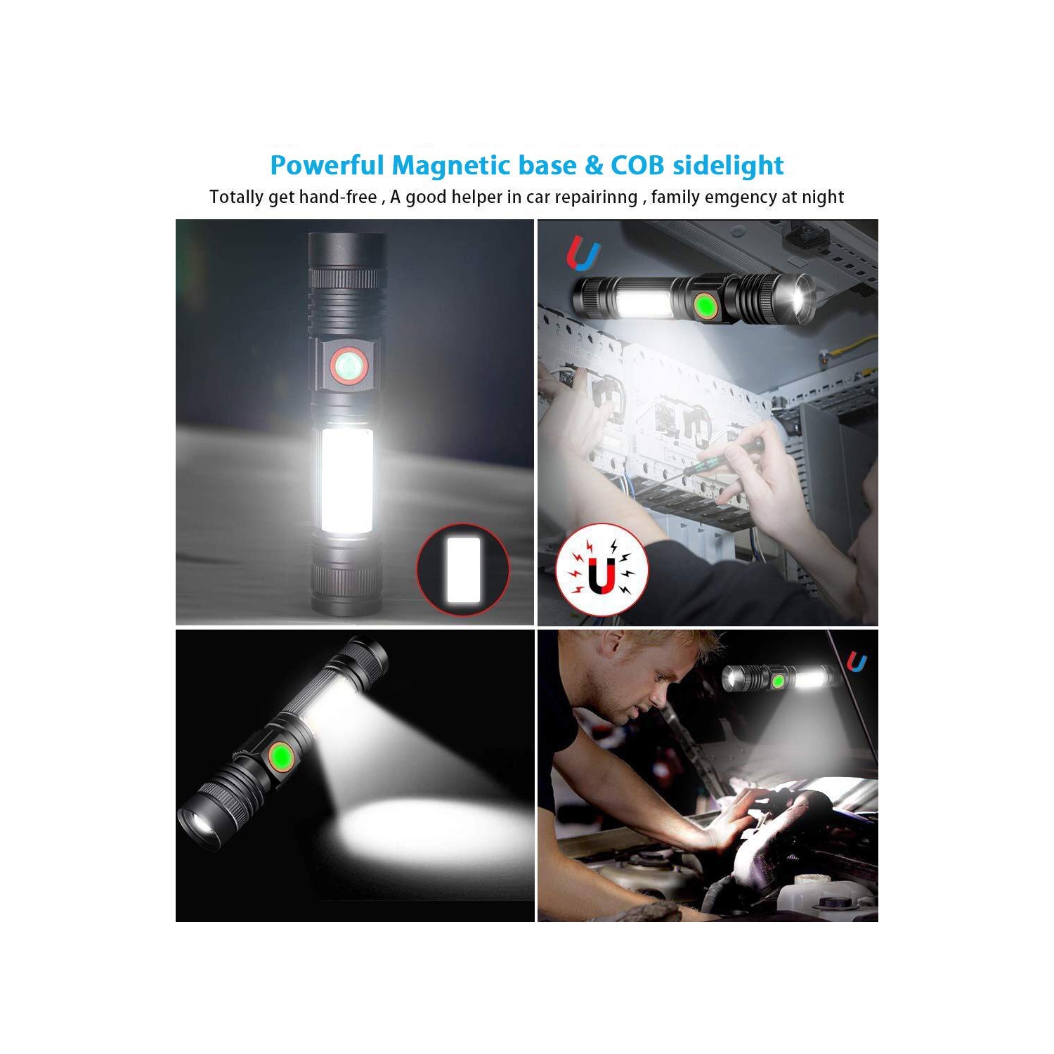 Lampe de poche rechargeable USB, lampe de poche tactique LED avec lampe latérale COB, étanche, petite lampe de poche d'urgence zoomable pour les