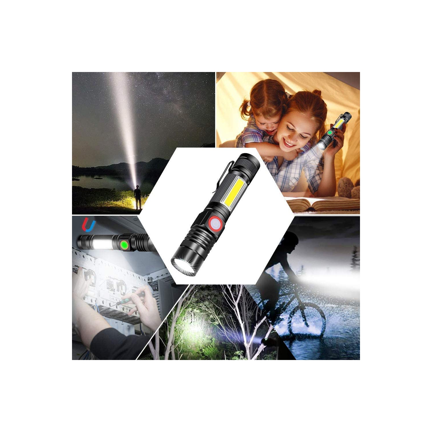 Lampe de poche rechargeable USB, lampe de poche tactique LED avec lampe latérale COB, étanche, petite lampe de poche d'urgence zoomable pour les