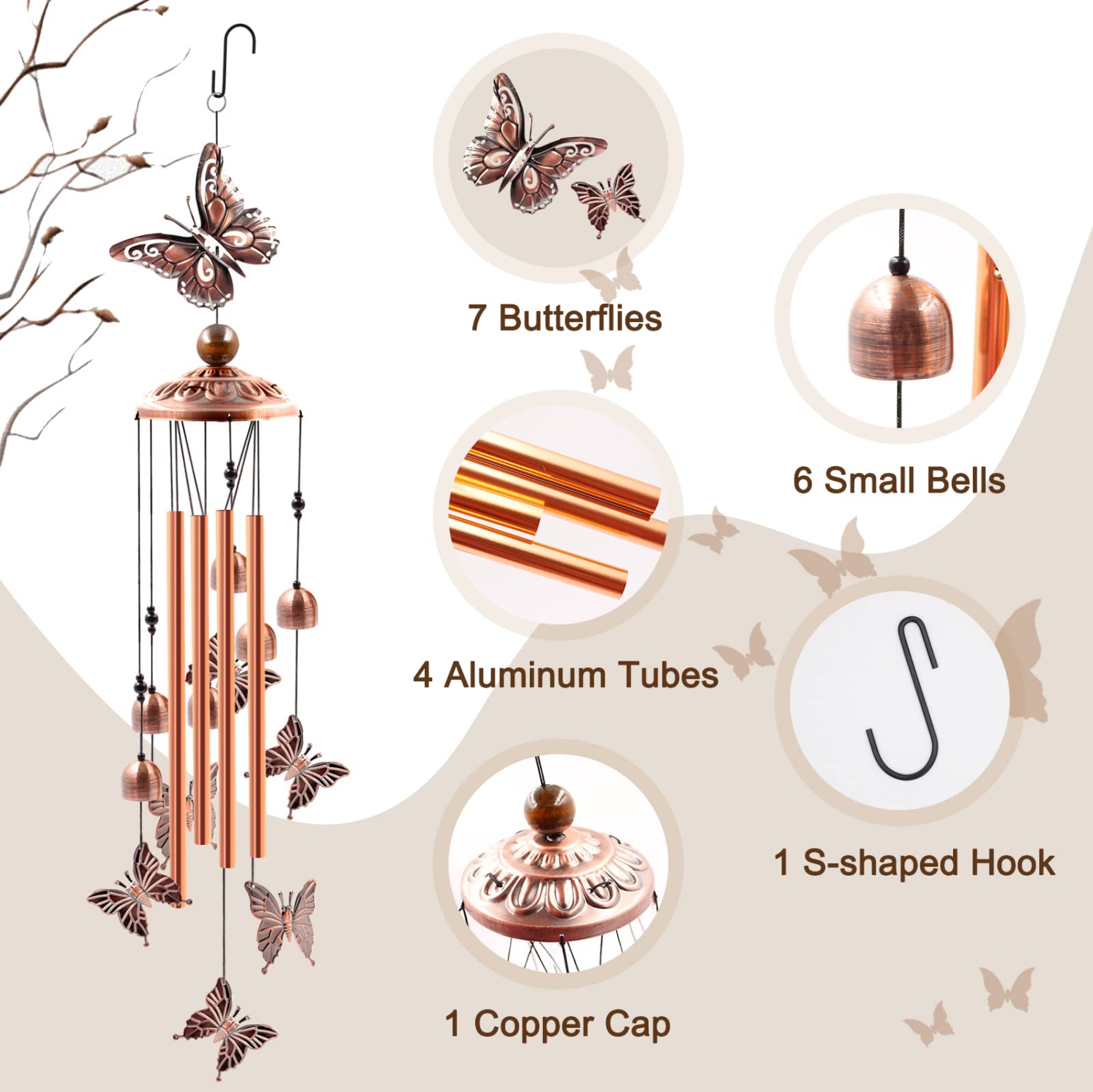 Outdoor Wind Chimes, Butterfly Aluminum Wind Chimes for Terrace and Garden Decoration, Housewarming Gift