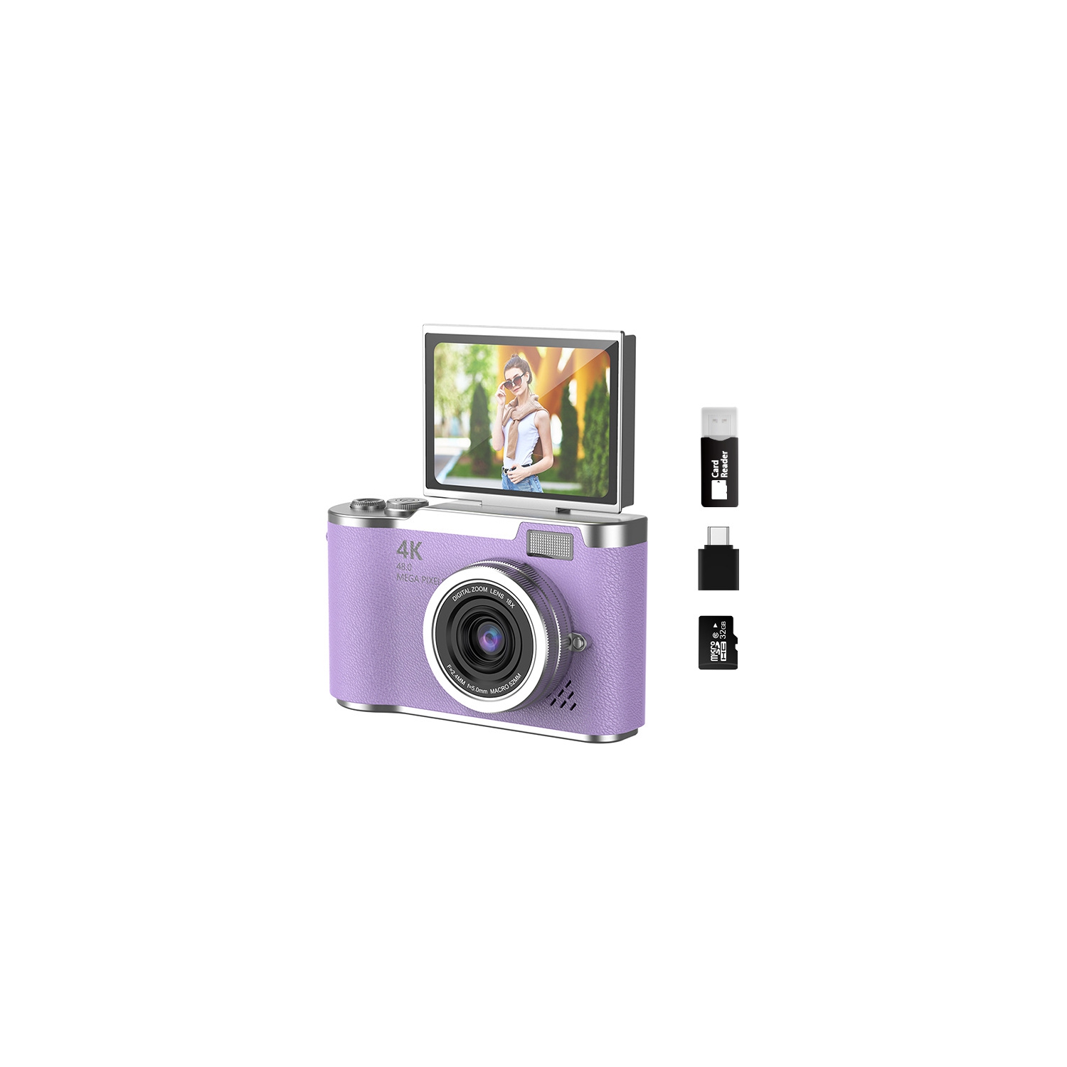 New LK007 high-pixel dual-camera selfie retro digital camera for students on campus, CCD built-in LED light purple [64G + card reader + Android
