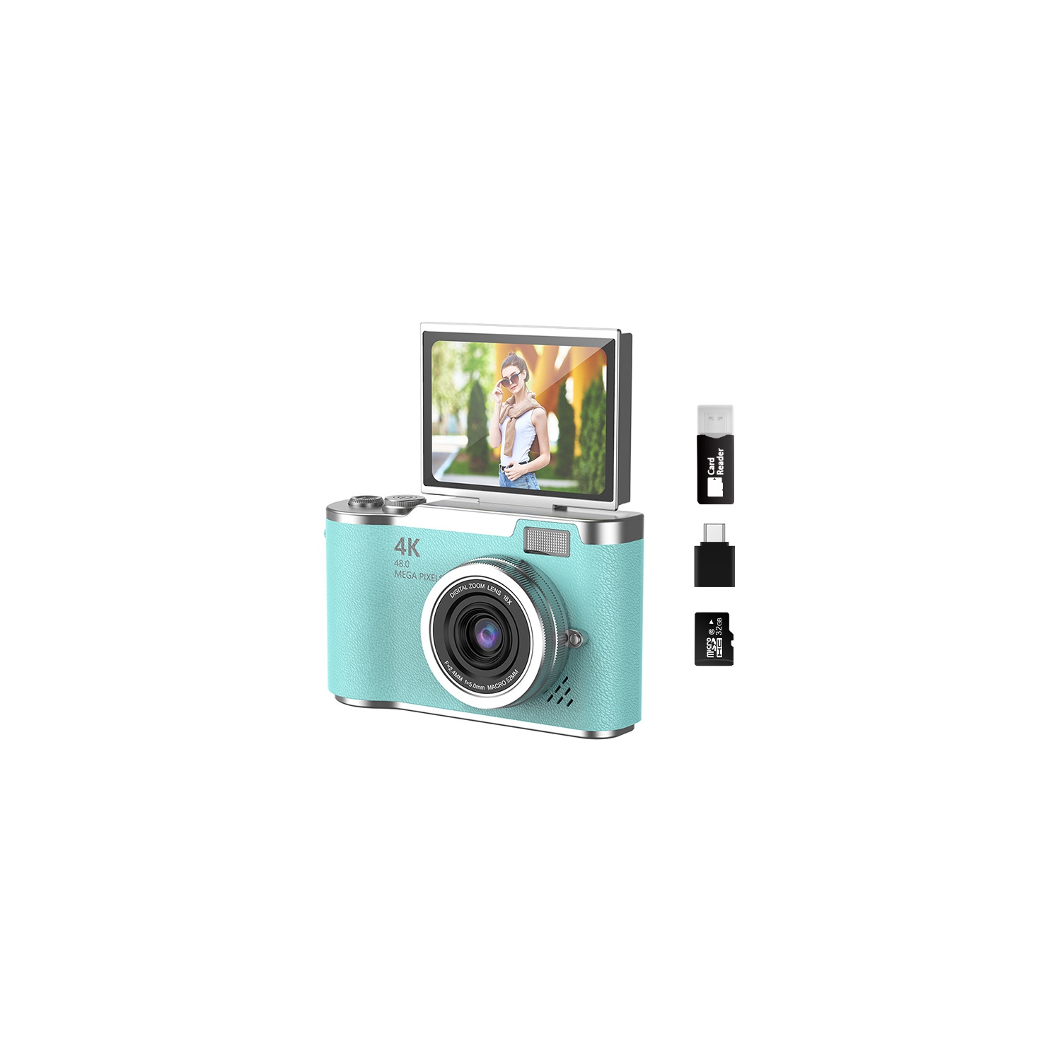 New LK007 high-pixel dual-camera selfie retro digital camera student campus entry ccd built-in LED light green [64G + card reader + Android adapter +