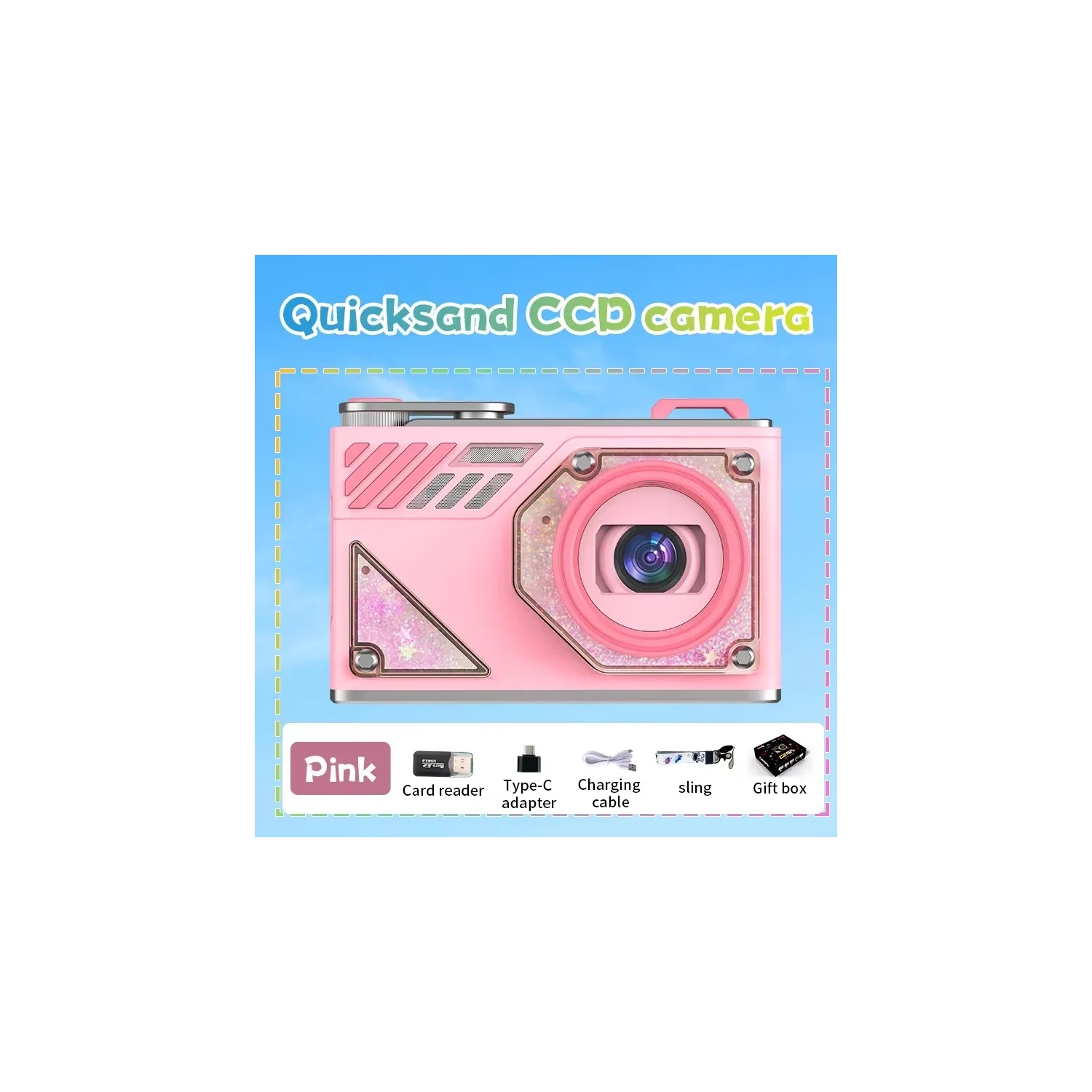 HD dual-camera selfie VLOG retro camera student campus entry ccd quicksand pocket mini digital camera-pink + 32GB + card reader + Android adapter