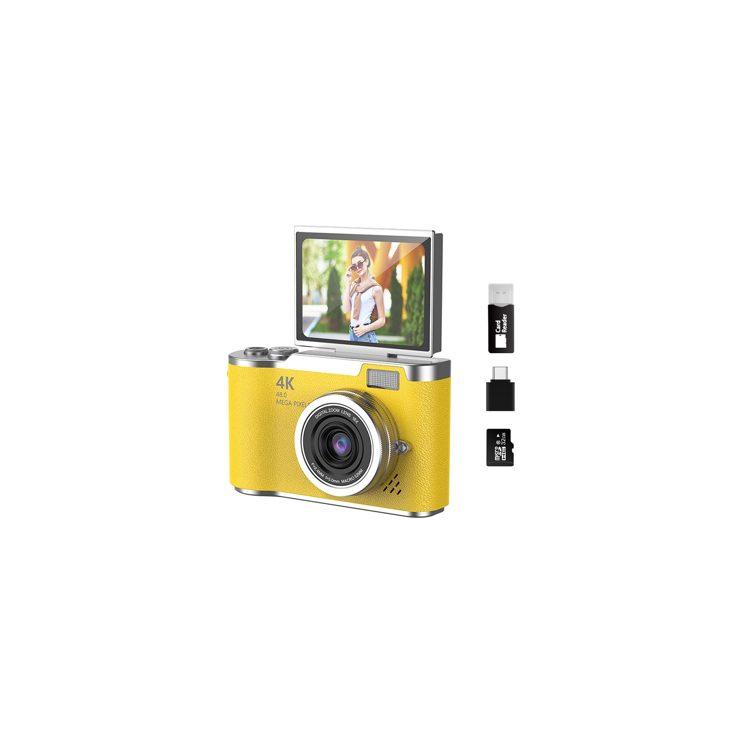 New LK007 high-pixel dual-camera selfie retro digital camera student campus entry ccd built-in LED light yellow [64G + card reader + Android adapter