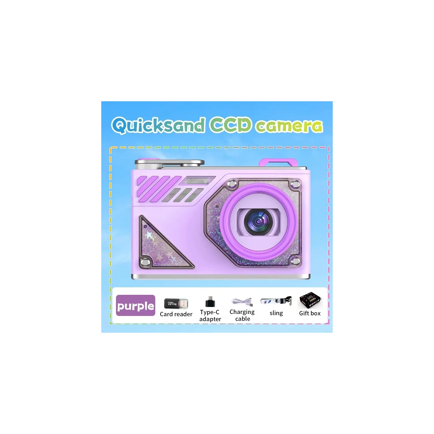 HD dual-camera selfie VLOG retro camera student campus entry ccd quicksand pocket mini digital camera-purple + 32GB + card reader + Android adapter