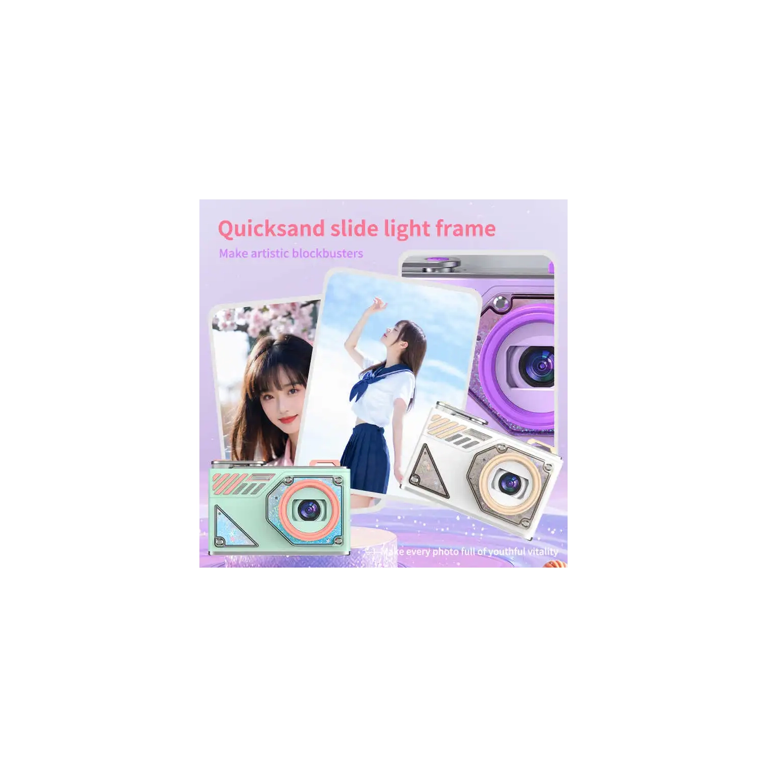 HD dual-camera selfie VLOG retro camera student campus entry ccd quicksand pocket mini digital camera-purple + 32GB + card reader + Android adapter