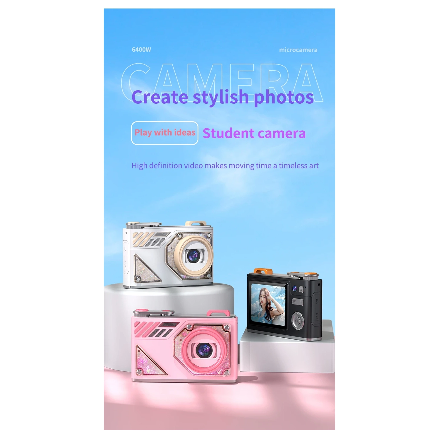 HD dual-camera selfie VLOG retro camera student campus entry ccd quicksand pocket mini digital camera-purple + 32GB + card reader + Android adapter