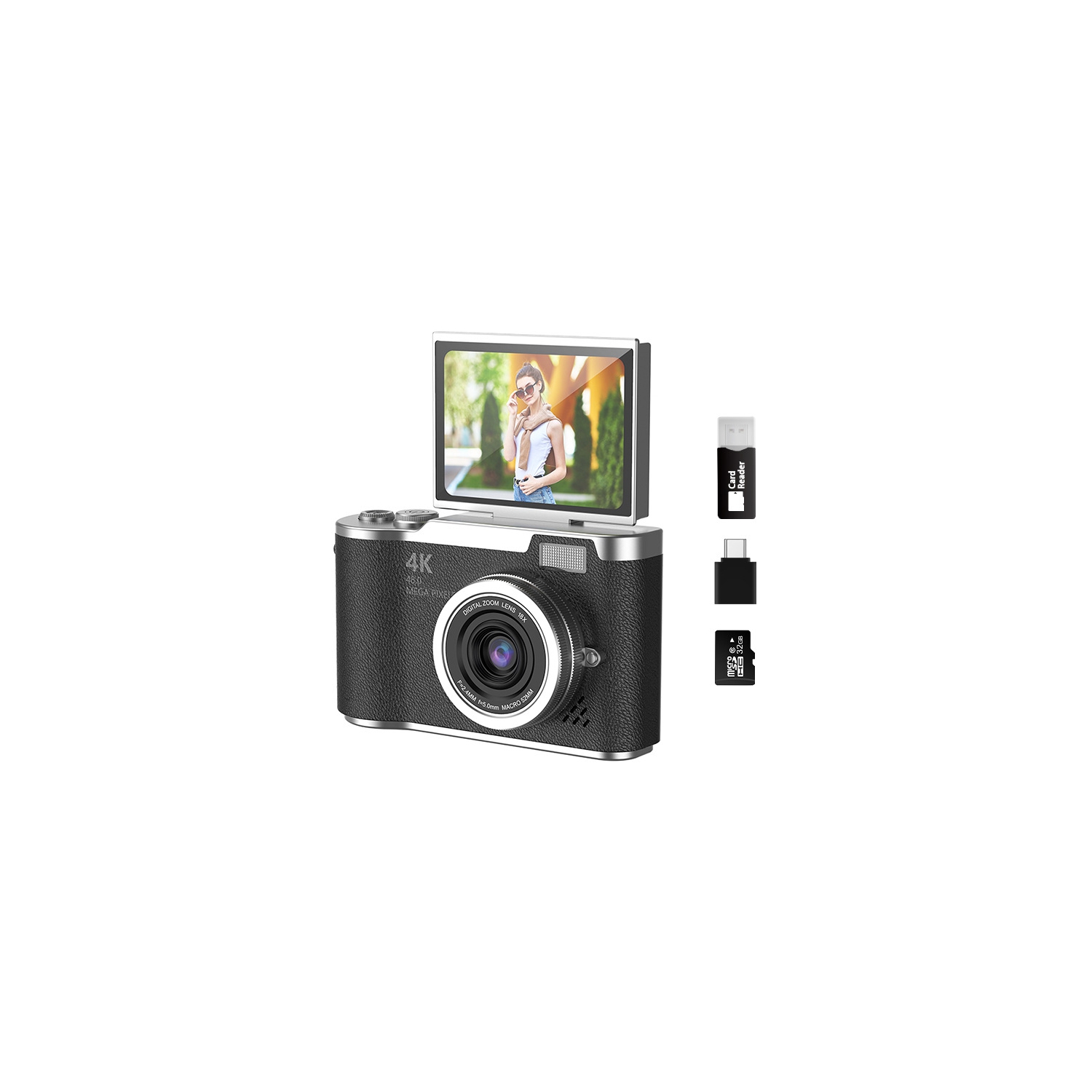 New LK007 high-pixel dual-camera selfie retro digital camera for students on campus, CCD built-in LED light black [64G + card reader + Android