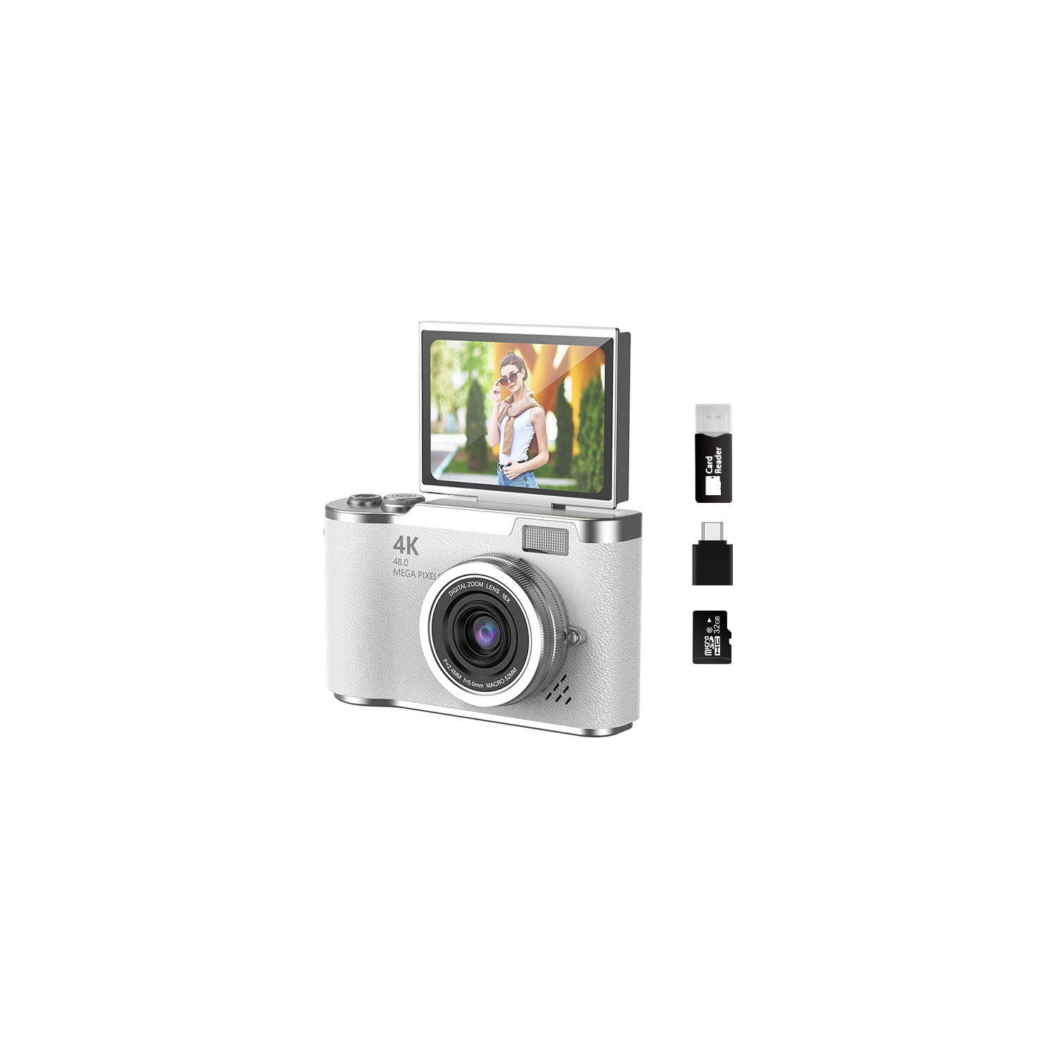 New LK007 high-pixel dual-camera selfie retro digital camera for students on campus, CCD built-in LED light white [64G + card reader + Android