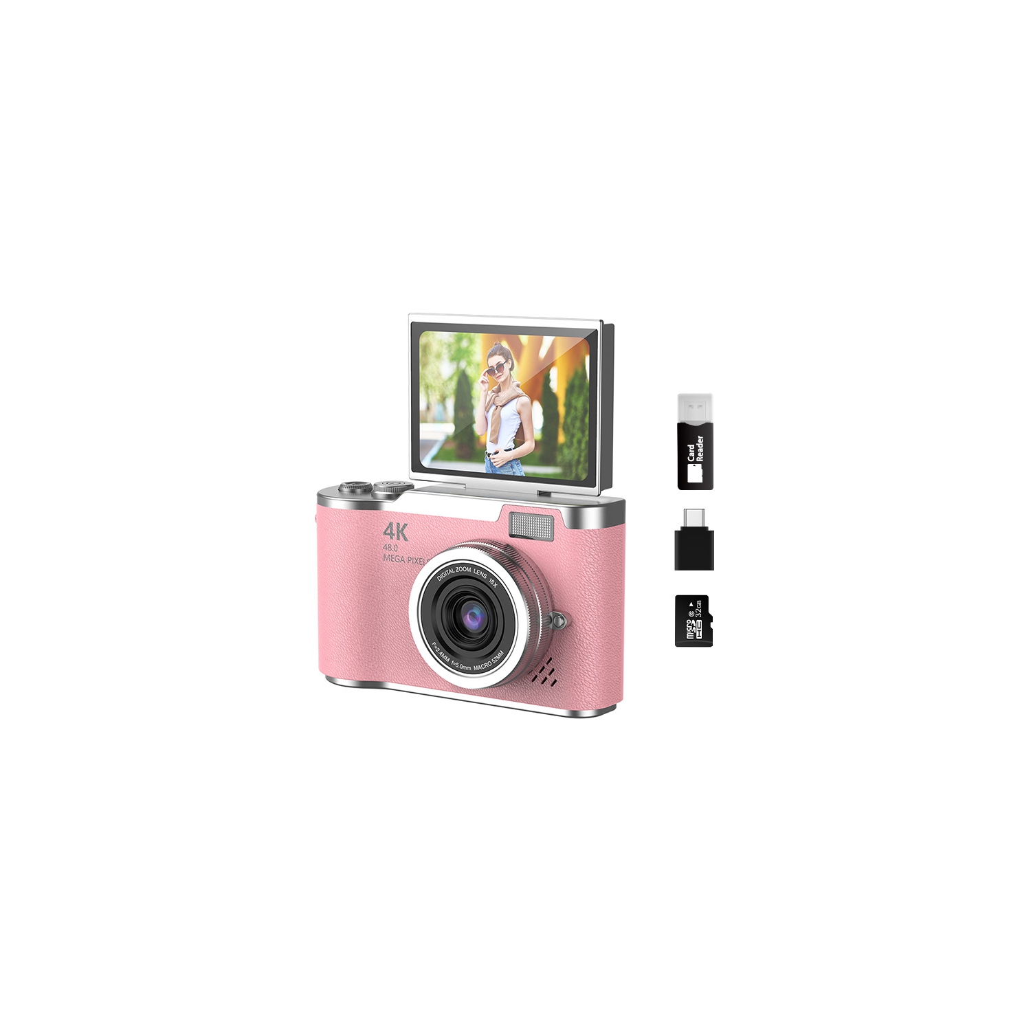 New LK007 high-pixel dual-camera selfie retro digital camera for students on campus, CCD built-in LED light pink [64G + card reader + Android adapter