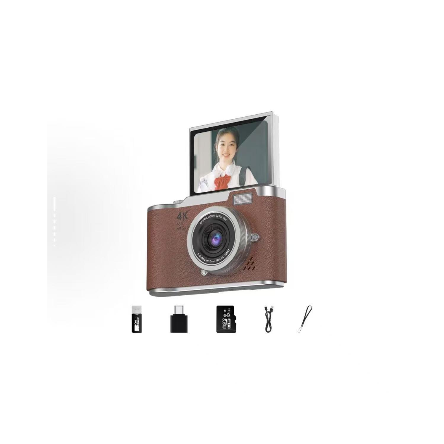 New LK007 high-pixel dual-camera selfie retro digital camera student campus entry ccd built-in LED light brown [64G + card reader + Android adapter +