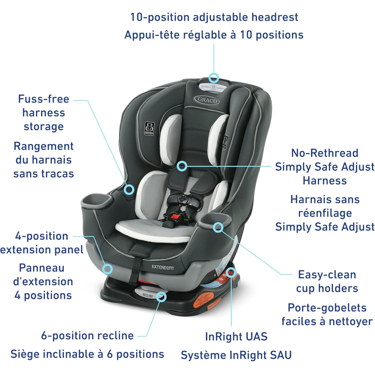 Graco Extend2Fit Convertible Car Seat, 2-in-1 Forward & Rear-Facing Baby Car Seat, 1.8-30 kg, Gotham