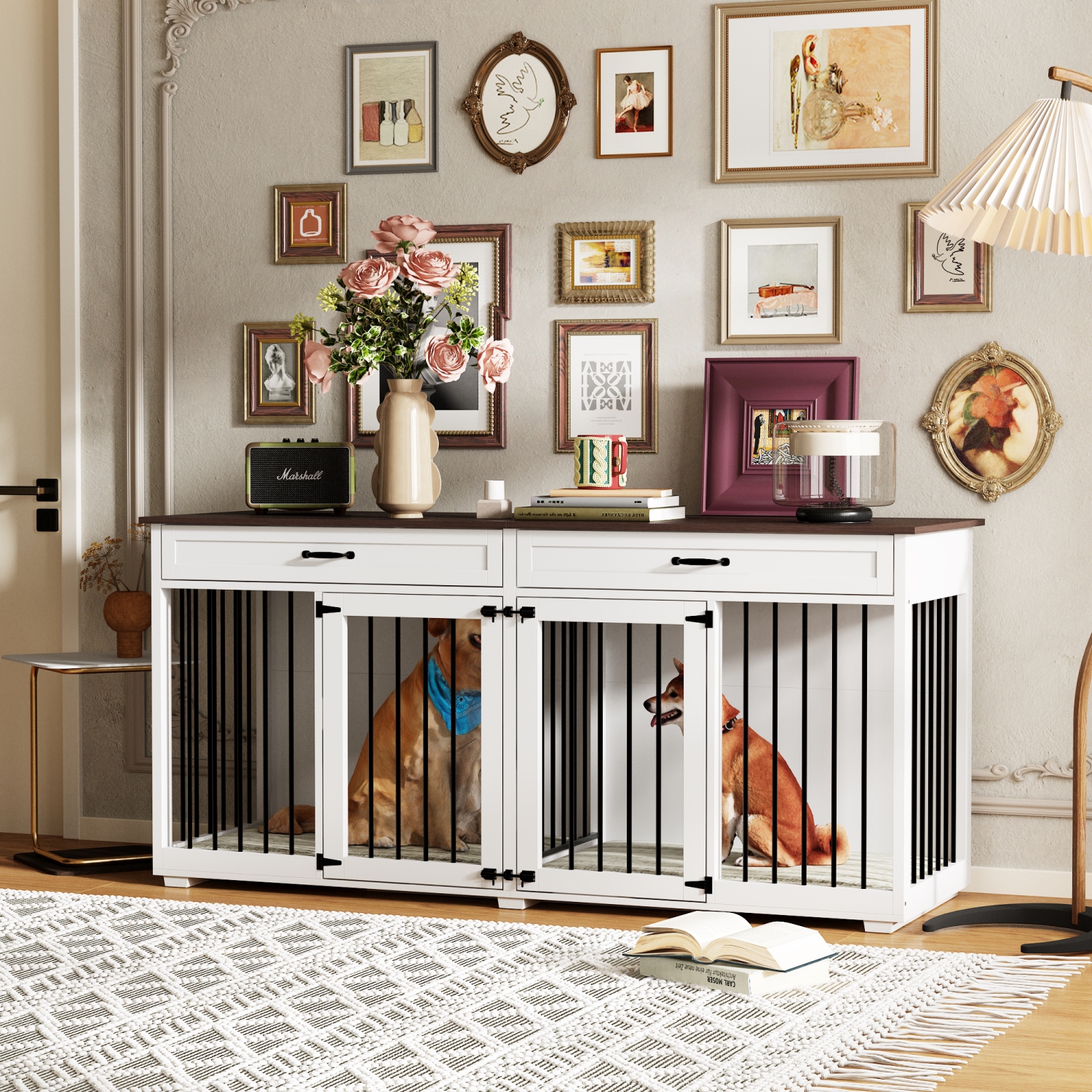Caisse pour chien d'intérieur moderne en bois blanc de Famapy – Meuble polyvalent élégant pour animaux de compagnie multiples, avec portes sûres,