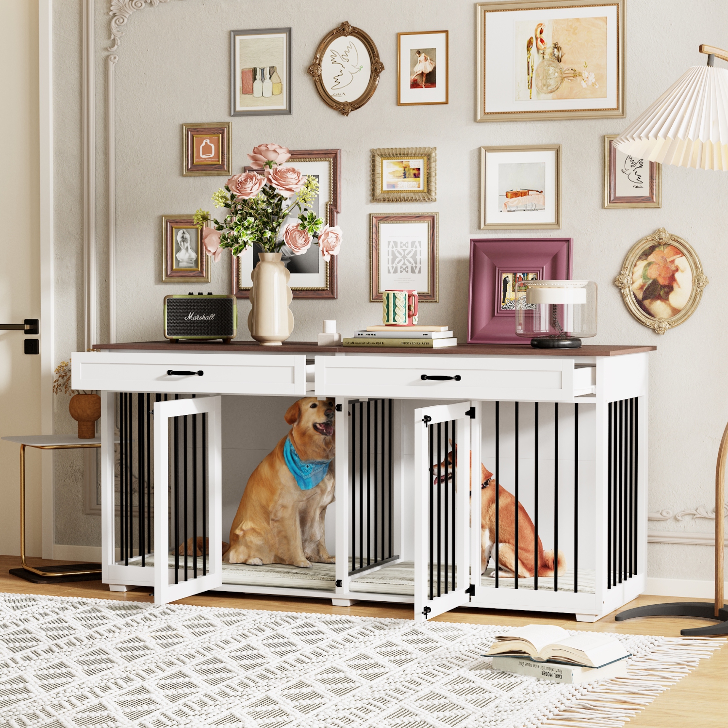 Caisse pour chien d'intérieur moderne en bois blanc de Famapy – Meuble polyvalent élégant pour animaux de compagnie multiples, avec portes sûres,