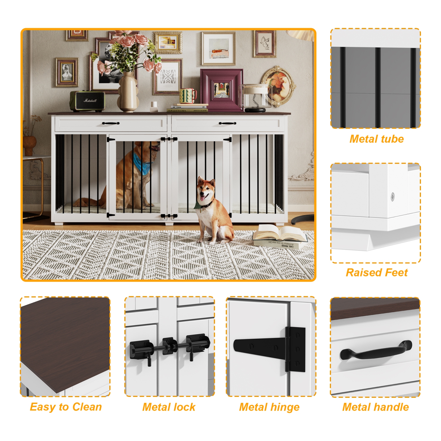 Caisse pour chien d'intérieur moderne en bois blanc de Famapy – Meuble polyvalent élégant pour animaux de compagnie multiples, avec portes sûres,