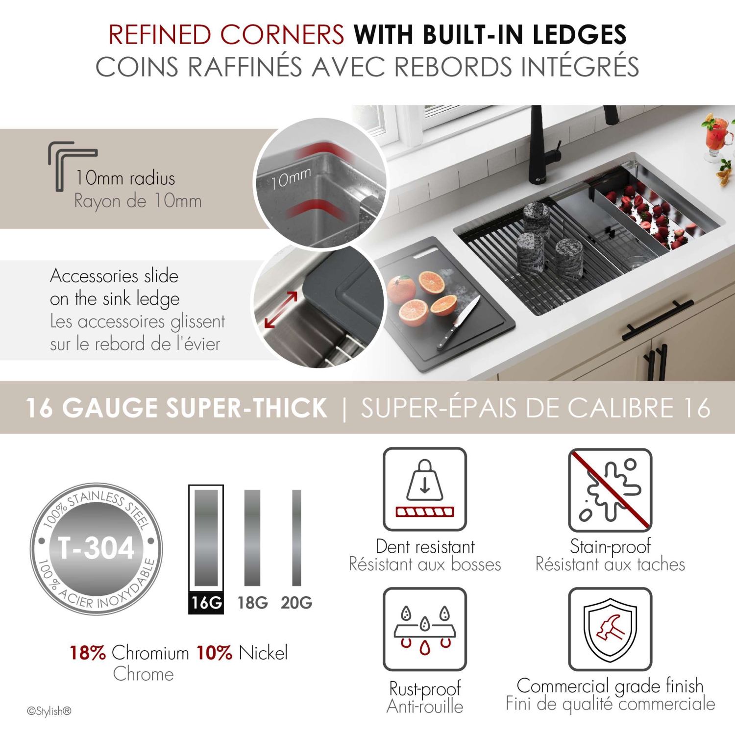 STYLISH Undermount 28 inch Stainless steel double bowl 60/40 Workstation kitchen sink with Black Accessories