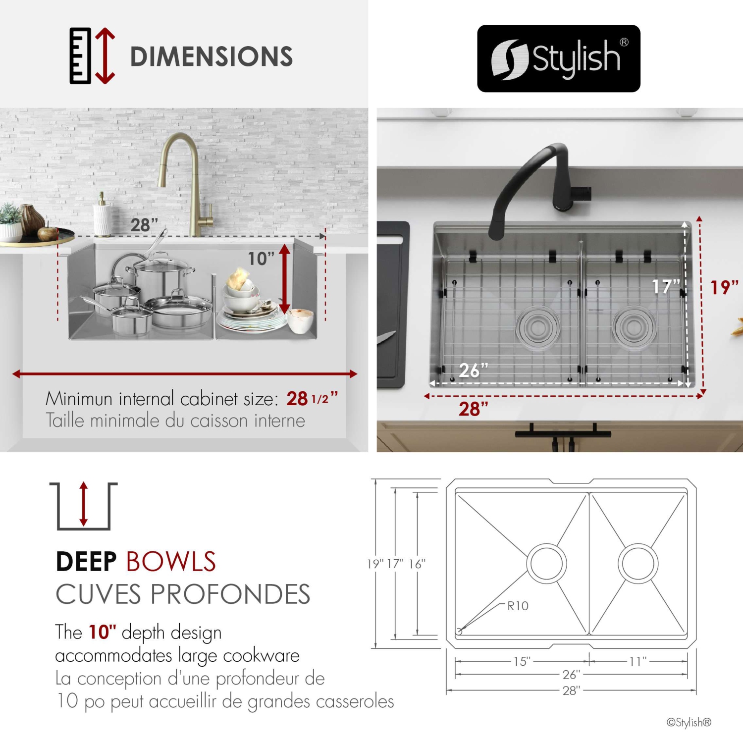 STYLISH Undermount 28 inch Stainless steel double bowl 60/40 Workstation kitchen sink with Black Accessories