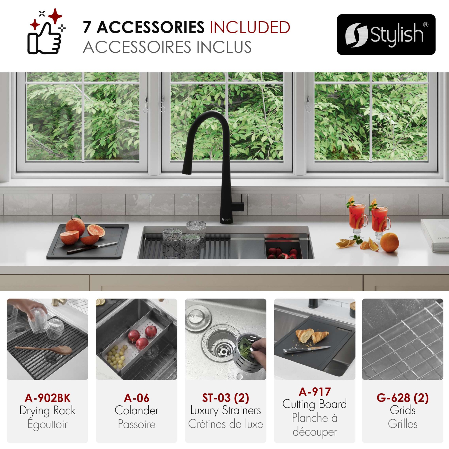 STYLISH Undermount 28 inch Stainless steel double bowl 60/40 Workstation kitchen sink with Black Accessories