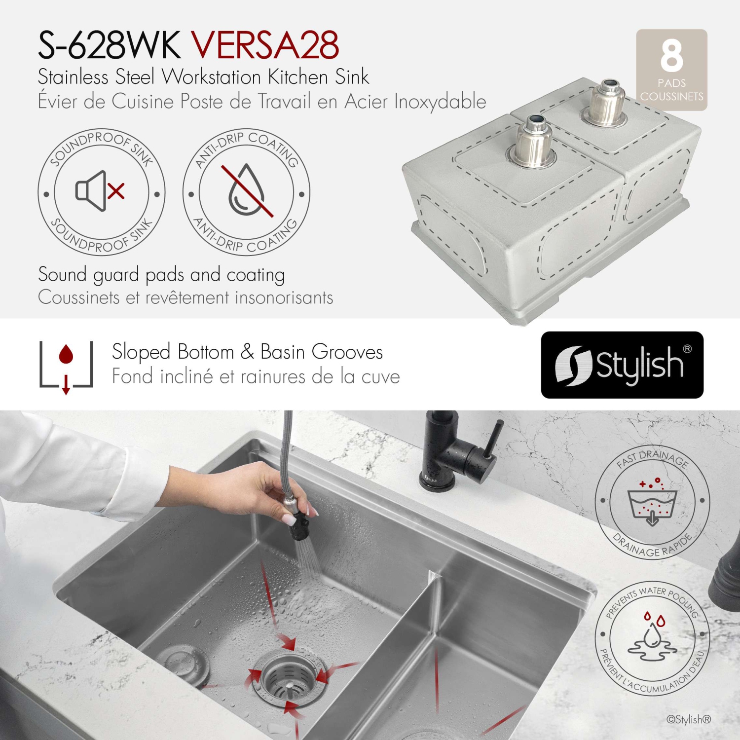 STYLISH Undermount 28 inch Stainless steel double bowl 60/40 Workstation kitchen sink with Black Accessories