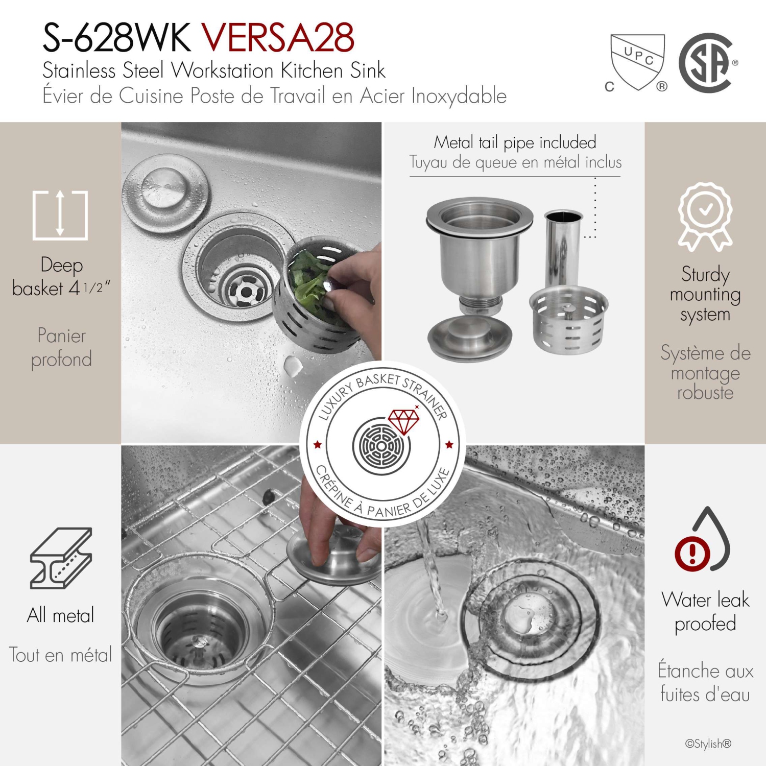 STYLISH Undermount 28 inch Stainless steel double bowl 60/40 Workstation kitchen sink with Black Accessories
