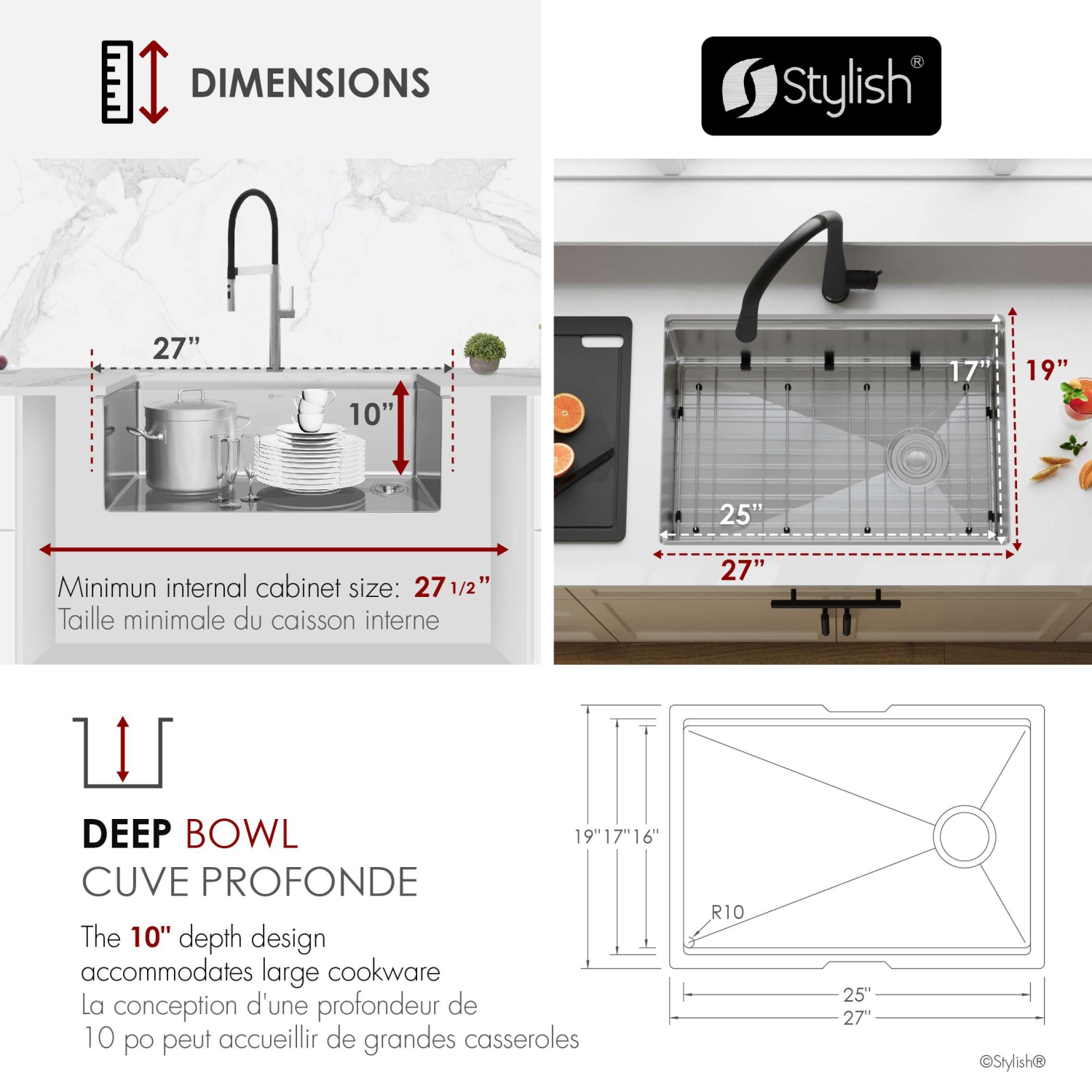 STYLISH Undermount 27 inch Stainless steel Single Bowl Workstation kitchen Sink with Black Accessories