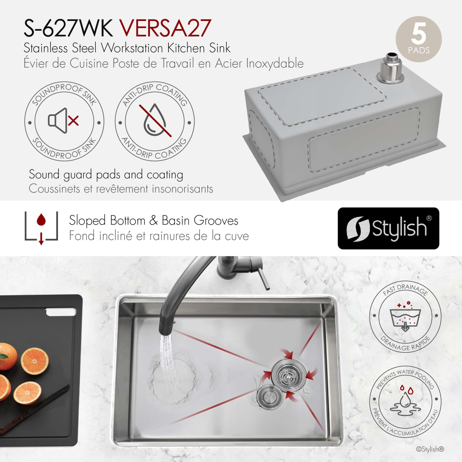 STYLISH Undermount 27 inch Stainless steel Single Bowl Workstation kitchen Sink with Black Accessories