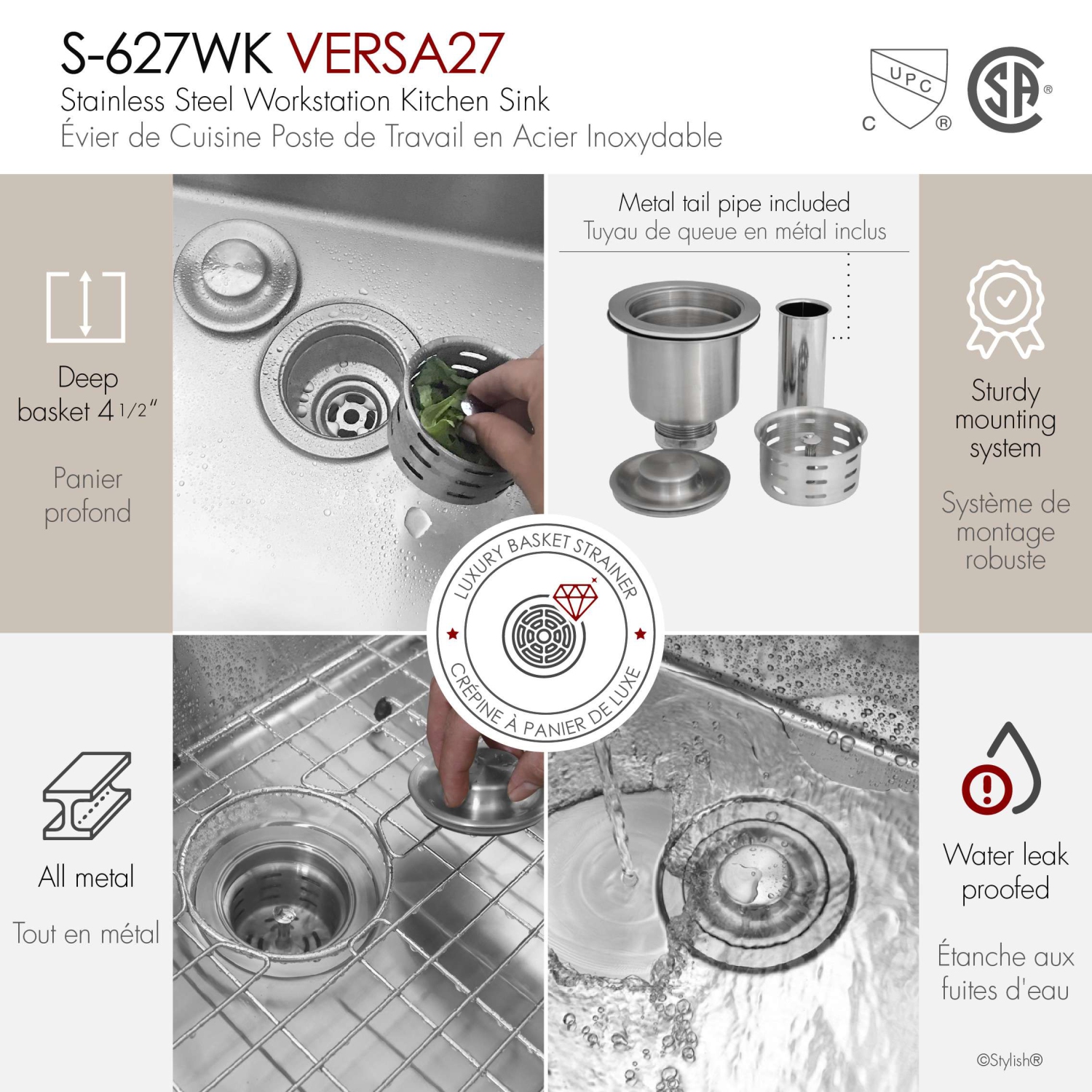 STYLISH Undermount 27 inch Stainless steel Single Bowl Workstation kitchen Sink with Black Accessories