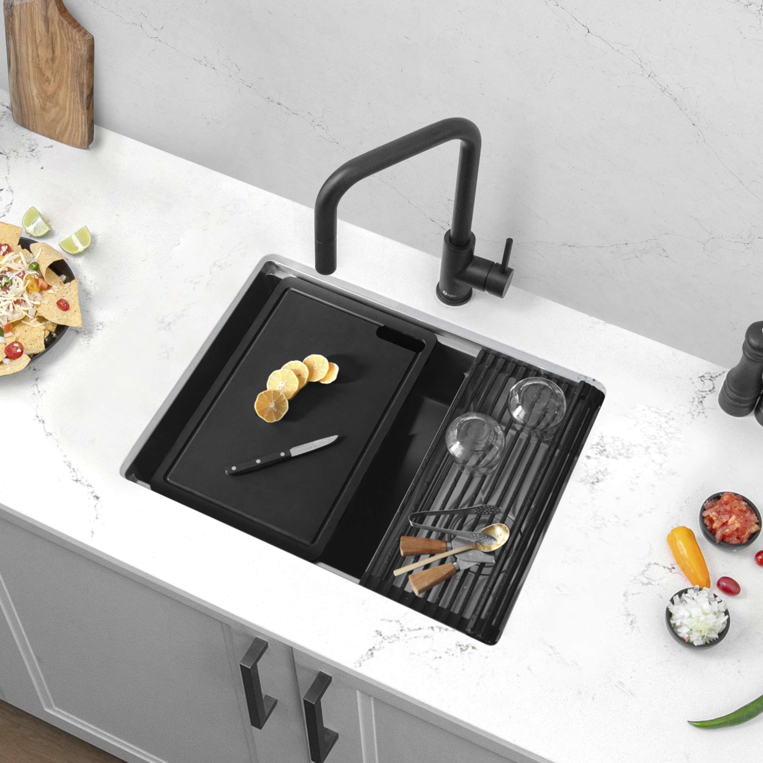 STYLISH Undermount 25 inch Stainless Steel Double Bowl Workstation Kitchen Sink with Black Accessories