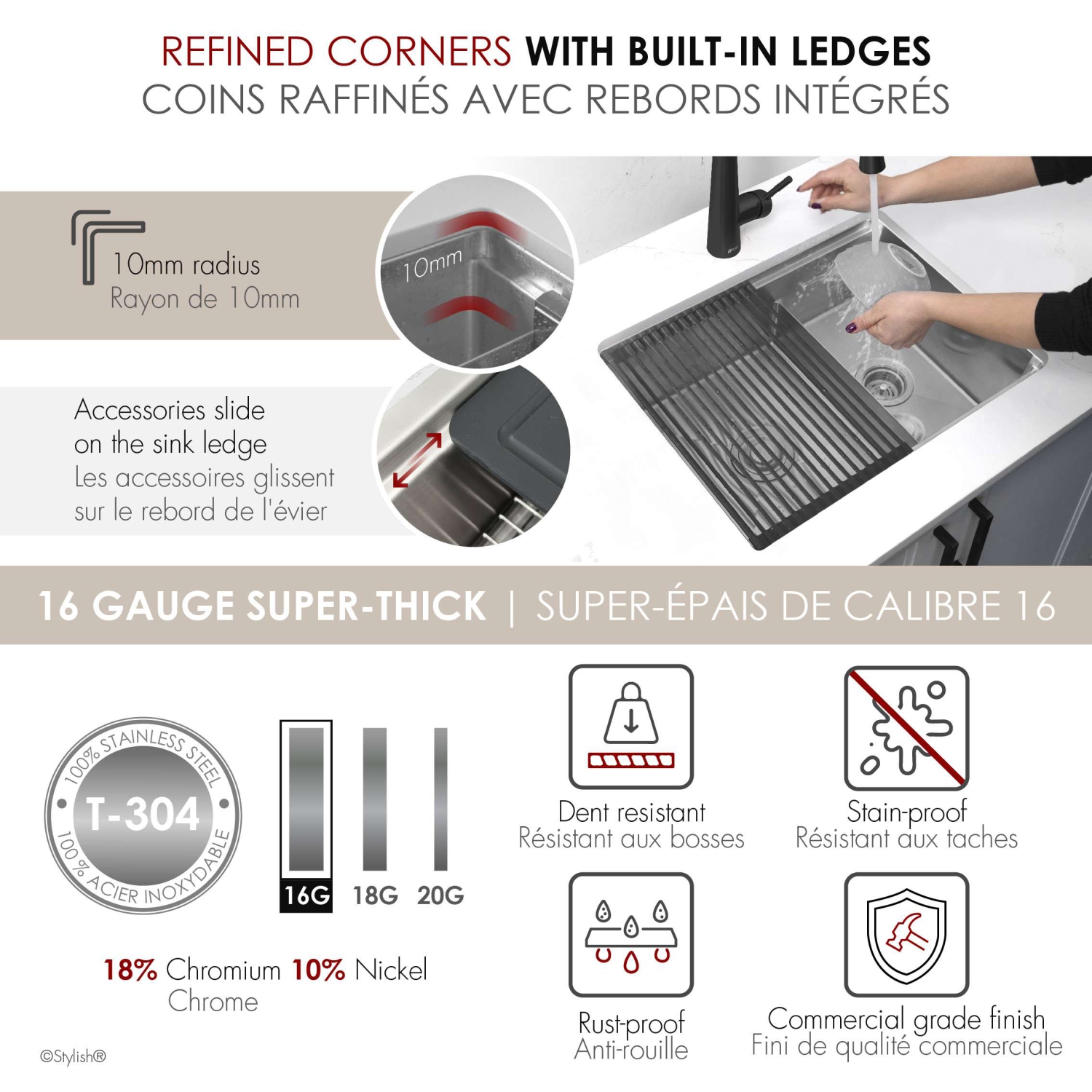 STYLISH Undermount 25 inch Stainless Steel Double Bowl Workstation Kitchen Sink with Black Accessories