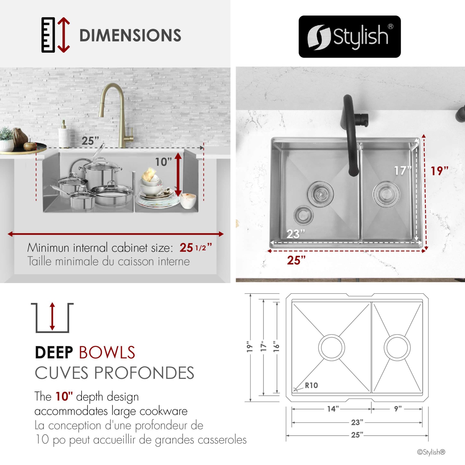 STYLISH Undermount 25 inch Stainless Steel Double Bowl Workstation Kitchen Sink with Black Accessories
