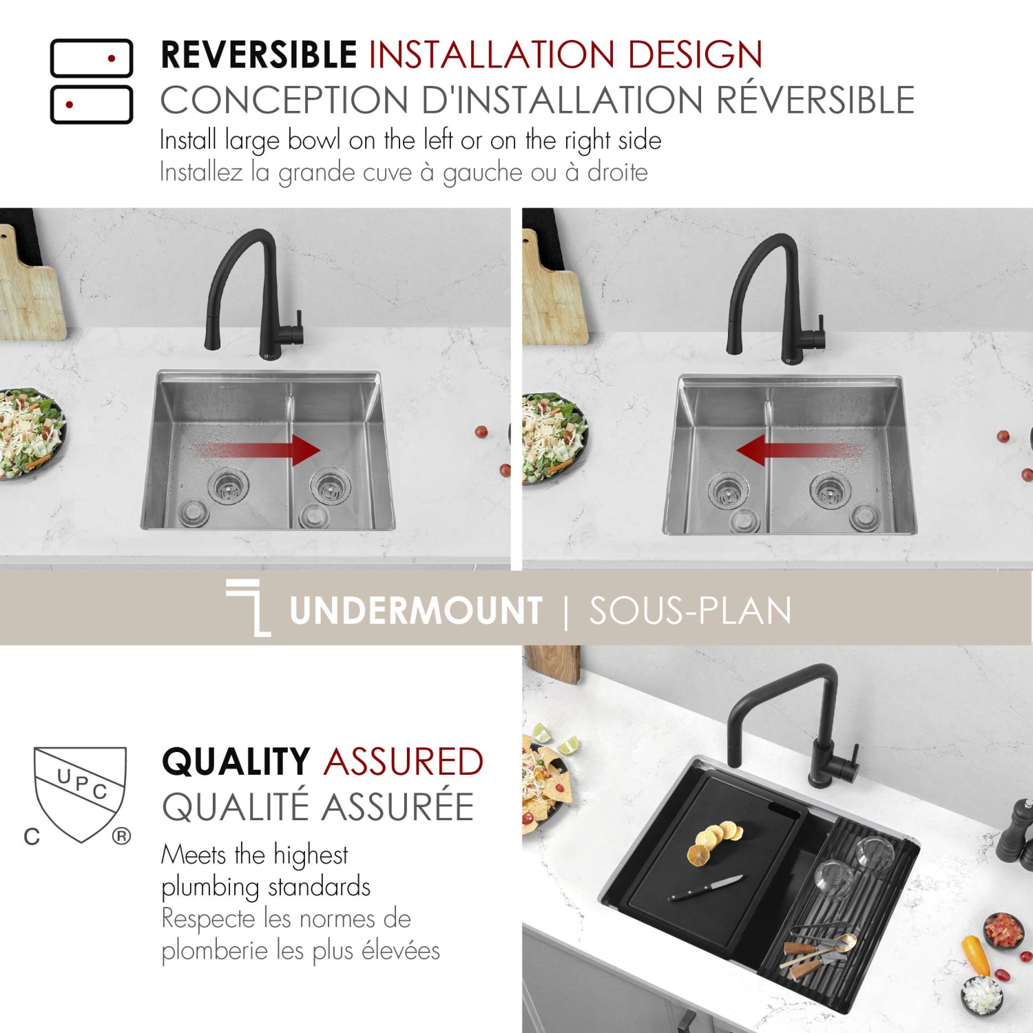 STYLISH Undermount 25 inch Stainless Steel Double Bowl Workstation Kitchen Sink with Black Accessories