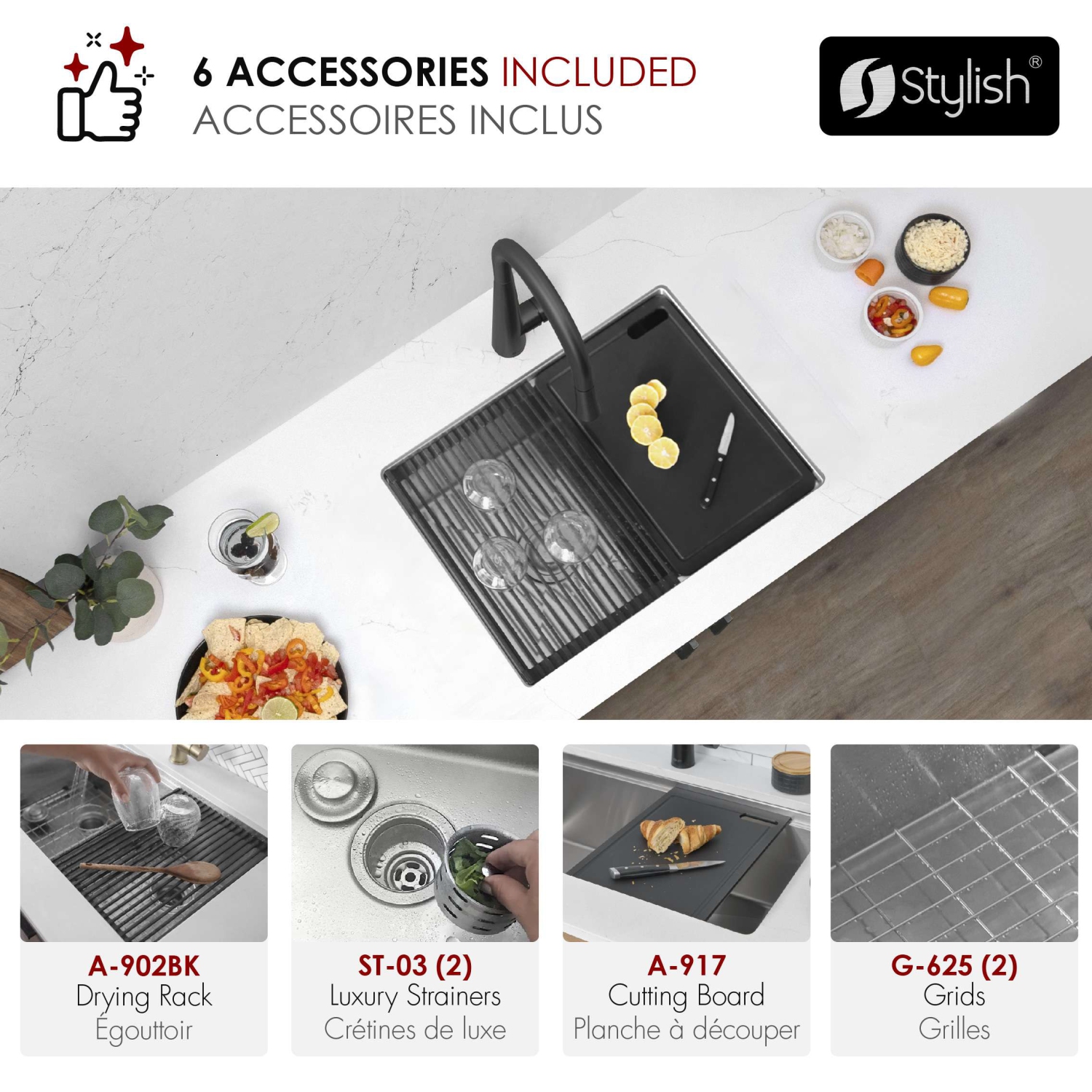 STYLISH Undermount 25 inch Stainless Steel Double Bowl Workstation Kitchen Sink with Black Accessories