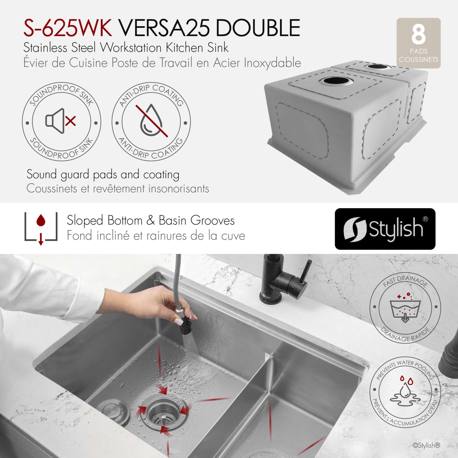 STYLISH Undermount 25 inch Stainless Steel Double Bowl Workstation Kitchen Sink with Black Accessories