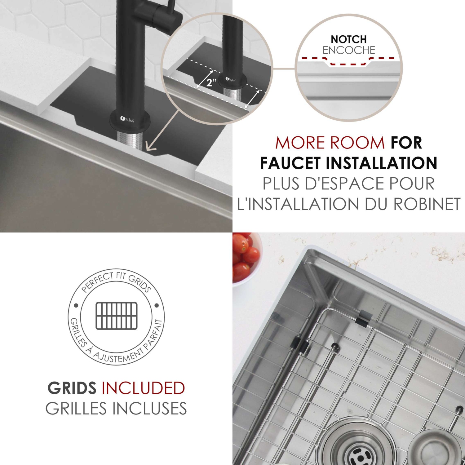 STYLISH Undermount 25 inch Stainless Steel Double Bowl Workstation Kitchen Sink with Black Accessories