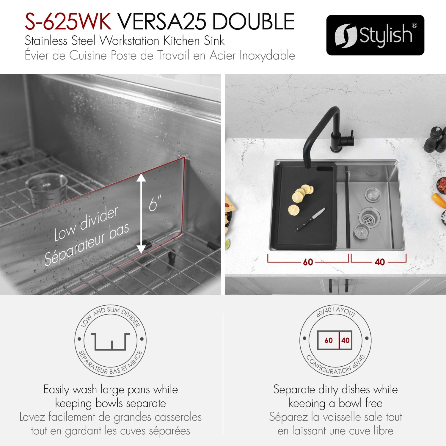 STYLISH Undermount 25 inch Stainless Steel Double Bowl Workstation Kitchen Sink with Black Accessories