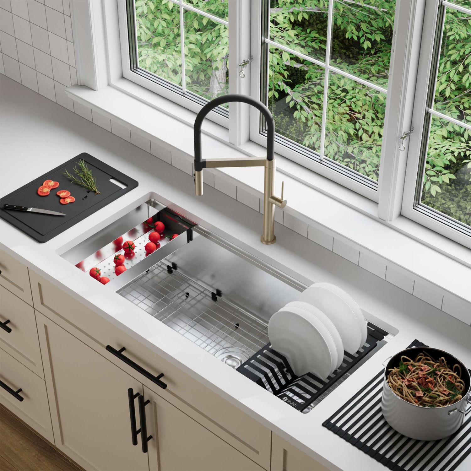 STYLISH Undermount 42 inch Stainless Steel Double Bowl 70/30 Workstation Kitchen Sink with Black Accessories